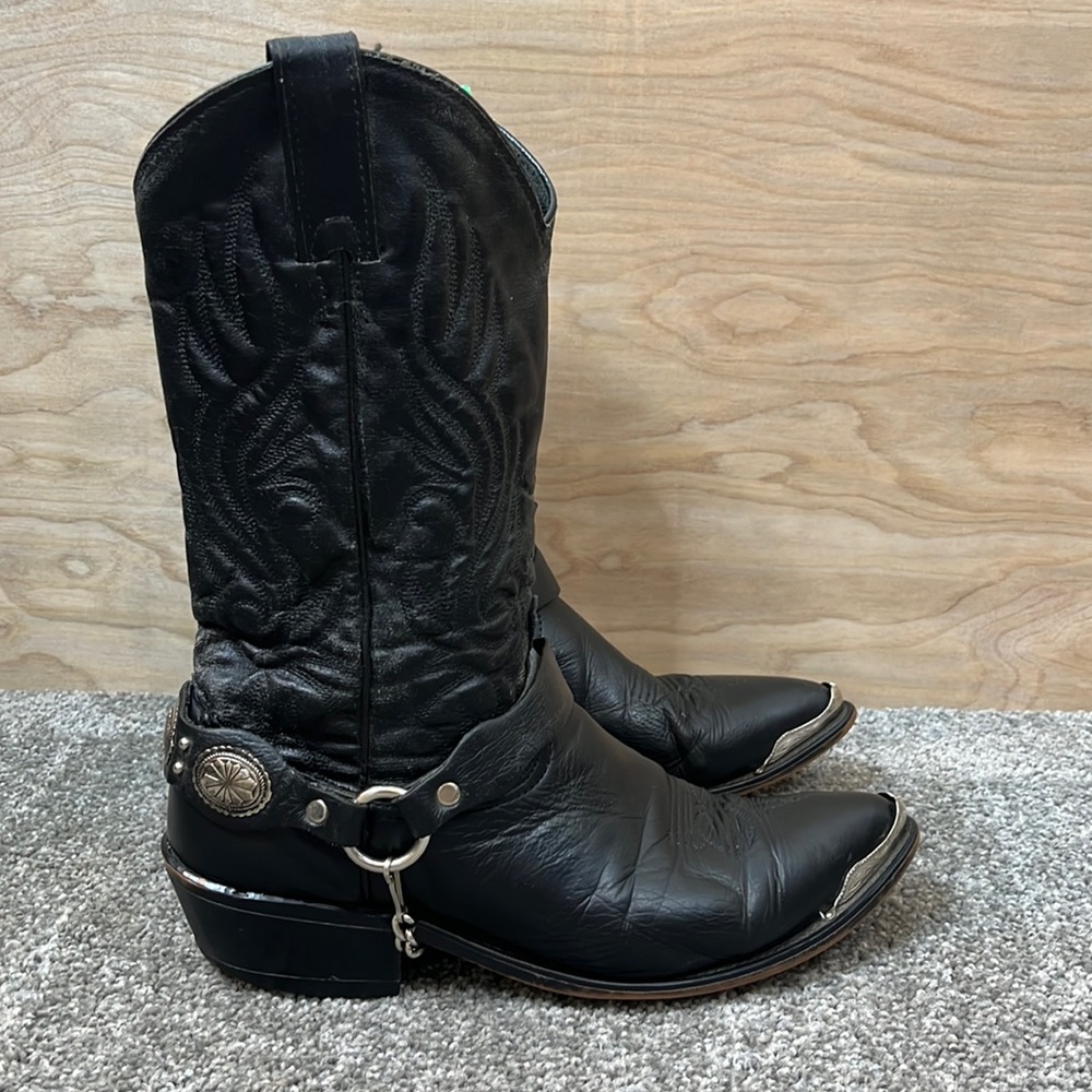 Vintage Black Leather Cowboy Boots Removable Medallion Harness Moto Size 8.5